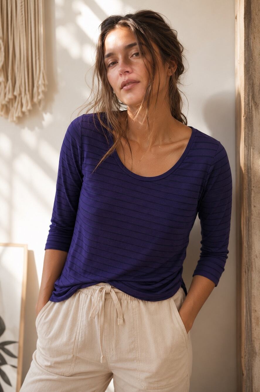 Joe Fresh | Preppy Purple Stripe Scoop Neck 3/4 Sleeve Top Summer Casual